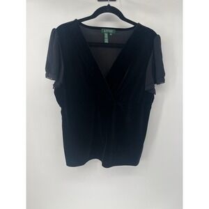 Lauren Ralph Lauren Black Velvet Faux Wrap Top Chiffon Flutter Sleeve Womens XL